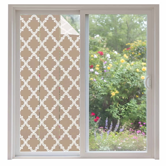 Beige Window Privacy Film Moroccan Geometric Abstract Decorative Glass Window Film UV Blocking Static Cling Non-Adhesive Sticker Covering for Home Door 35.4x78.7 inches