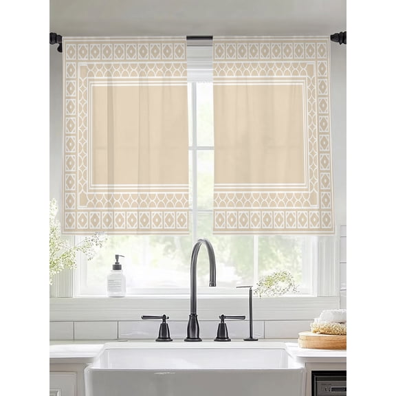Beige Window Sheer Curtain Boho Diamond Pattern Border Rustic Southwestern Semi Curtain Sheers Light Filtering Rod Pocket Voile Drapes for Bedroom Kitchen Living Room 52 X 45 Inch, 2 Panels