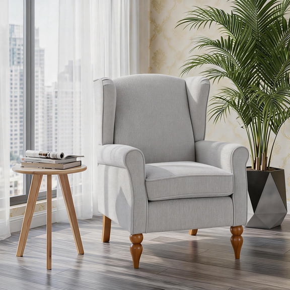Beige Wingback Accent Armchair With Wood Legs And Side Table Set