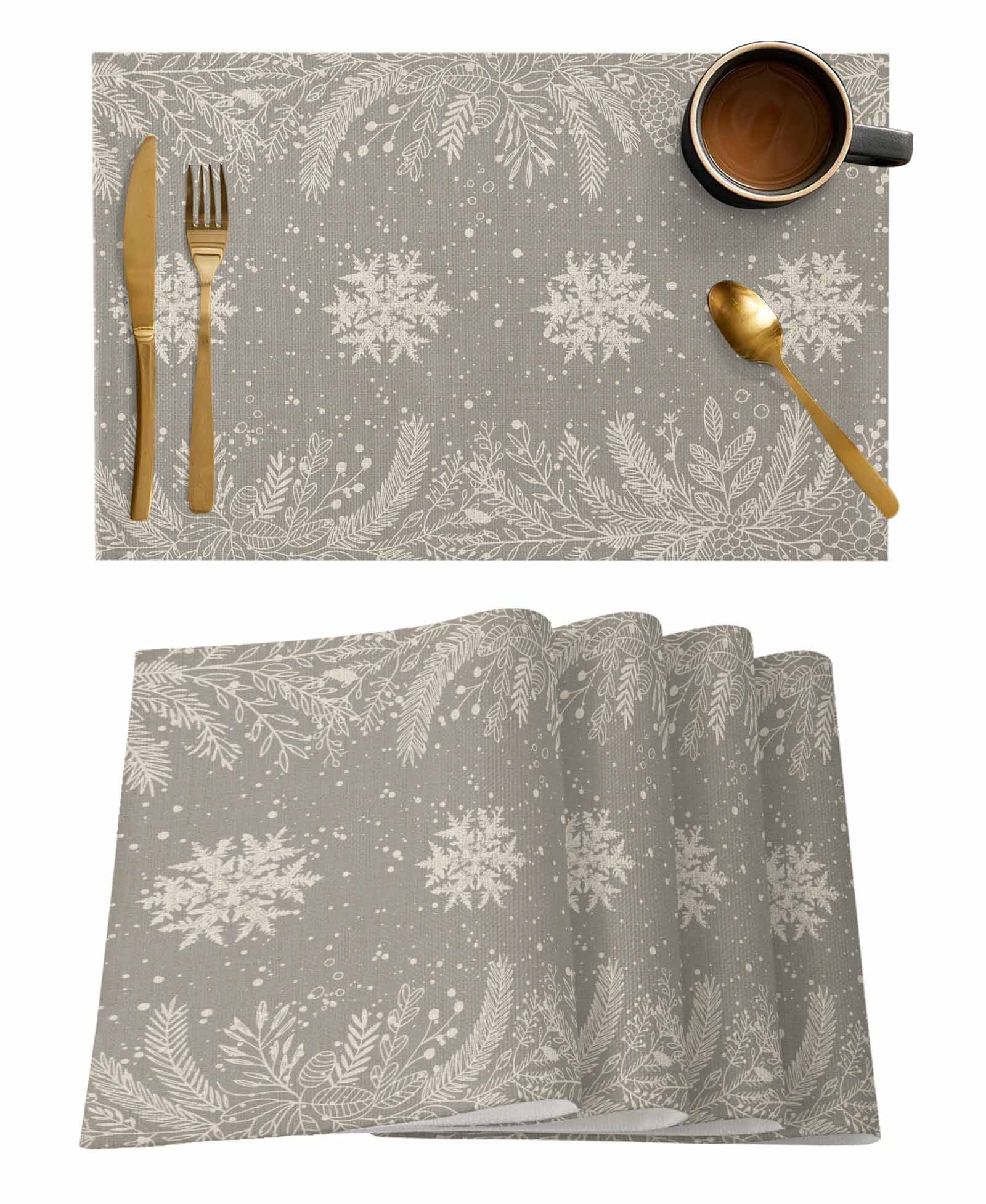 Beige Winter Snowflakes Placemats Set of 1 Plant Pine Branch Minimalist ...