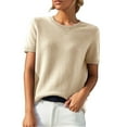 thumbnail image 1 of Beige Women Blouses Dressy Casual, Short Sleeve Womens Clothes Trendy Spring 2024, Polyester Office Blouses for Women for Work, Women's Round Neck d Loose T Shirt With A Knit Bottom Top, 1 of 9
