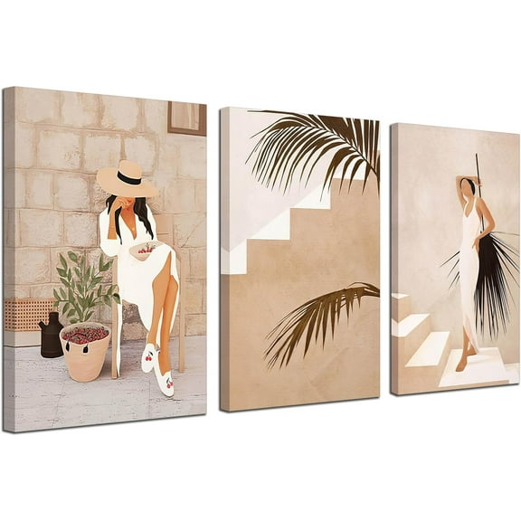 Beige Women Boho Wall Art for Bedroom Mid Century Modern Wall Art Minimalist Bohemian Leaf Canvas Prints Pictures Framed Artwork for Bathroom Living Room Decor 3 Panels 12" X16
