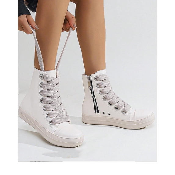 Beige Women Boots High-Top Lace-Up Zip Flat Party Casual Daily Wear Sneakers