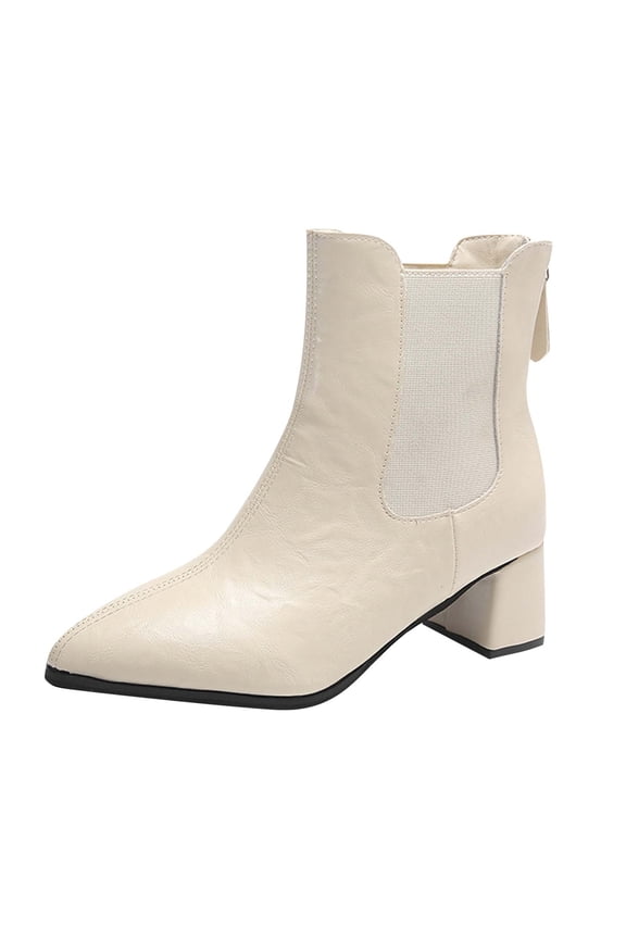 Beige Women Boots Pointed Toe Chunky Heel Comfortable Walking Shoes For Everyday Use Durable Material