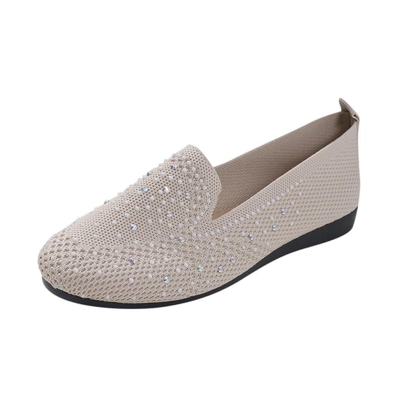 Beige Women Breathable Mesh Shoes Round Toe Closed Toe Rhinestone Slip-On Flat Casual Outdoor Indoor Ladies Fashionable