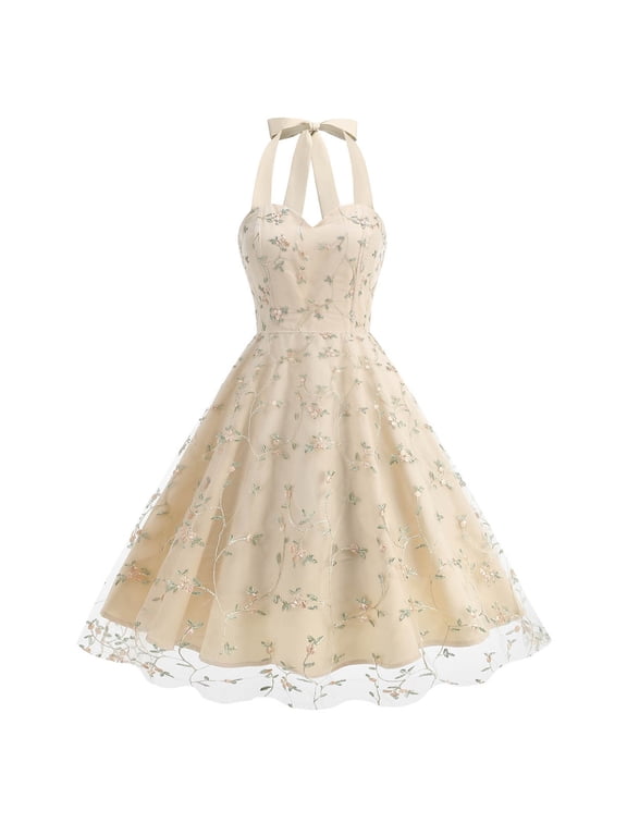 Beige Women Bride Formal Date Night Evening Elegant Sleeveless Slip Homecoming Dresses for Women V Neck Embroidered Victorian Plaid Mesh Fall Summer 2026 S