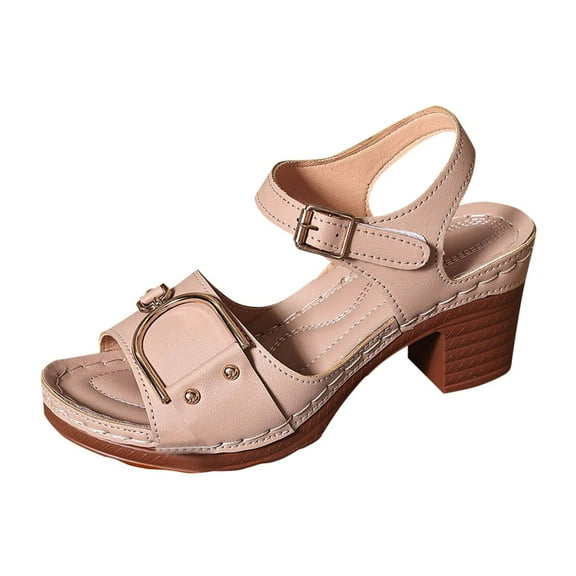 Beige Women Casual Outdoor Sandals Fish Mouth Buckle Details With Thick Heel And High Heel Design Ideal For Spring And Summer Season Leisure Walking