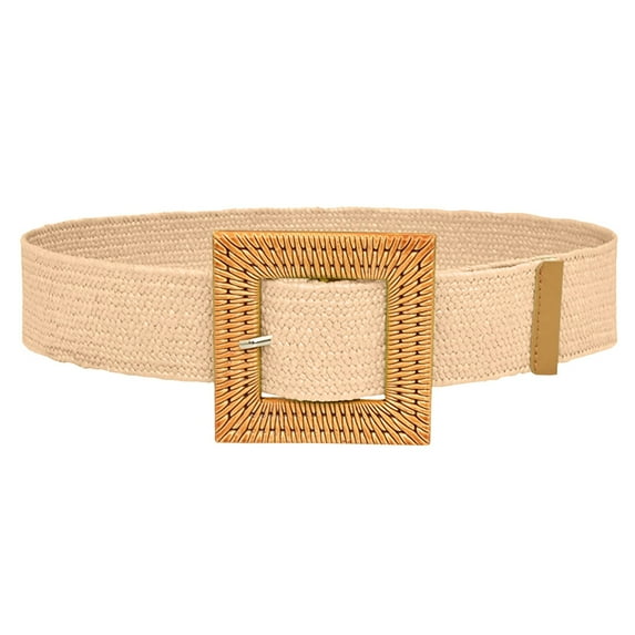Beige Women Elastic Woven Casual Summer Belt Stretch Skinny With Wooden Buckle