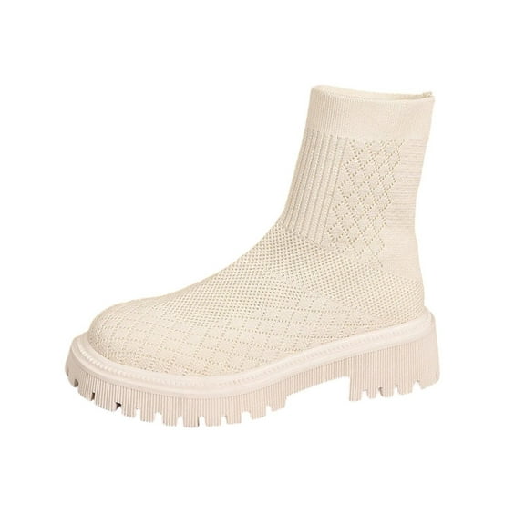 Beige Women Fly Knit Boots Elastic Design Platform Chunky Heel Beige For Fall Winter Wardrobe