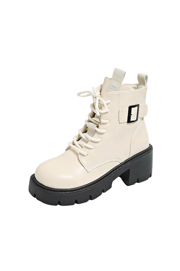 Beige Women Front Lace Up Ankle Boots Round Toe Side Zipper Chunky Heel Mid Heel Solid Color Casual Winter Style
