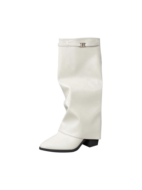 Beige Women Long Boots With Pleated Design And Metal Decor Chunky Heel Comfortable For Autumn And Winter Seasons Durable And Fashionable