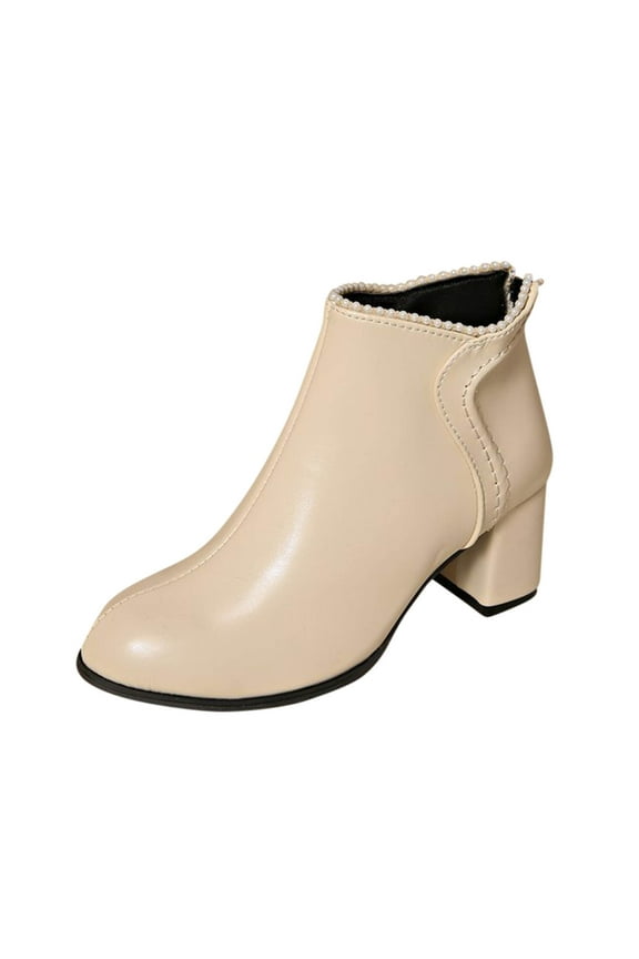 Beige Women Mid Heel Boots Block Heel Square Toe Pull On Style Comfortable Casual Wear Easy On Off Design For Everyday Use Weather Resistant Flexible Sole