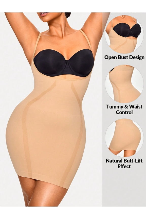 Beige Women Open Bust Shapewear Slip Dress With Built-In Bra Medium Control