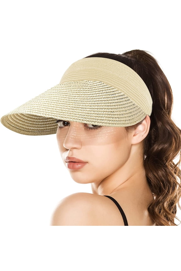 Beige Women Roll Up Straw Sun Visor Hat, Wide Brim Foldable Beach Cap Loop Closure and Adjustable Golf Fishing Visor
