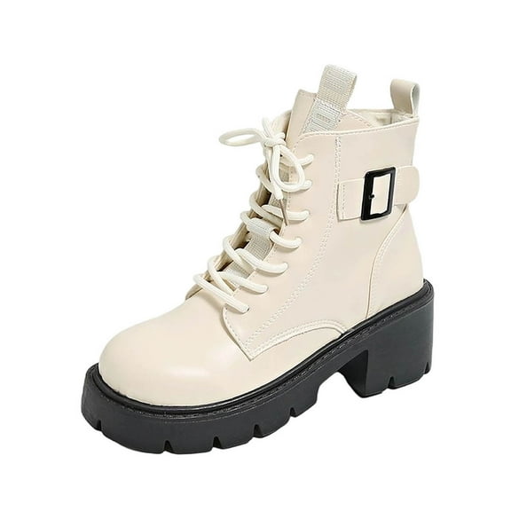 Beige Women Round Toe Ankle Boots Side Zipper Front Lace Up Chunky Heel Mid Heel Solid Color Casual Winter Style