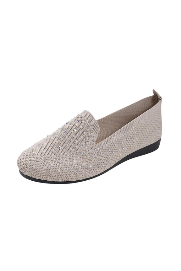 Beige Women Round Toe Rhinestone Flats Flying Mesh Breathable Closed Toe Slip-On Shallow Mouth Casual Outdoor Indoor Ladies