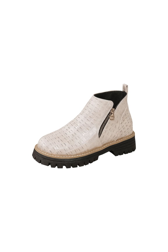 Beige Women'S Ankle Boots Low Heel Chunky Heel Booties Fashion Casual British Style Side Zipper Round Toe Solid Color