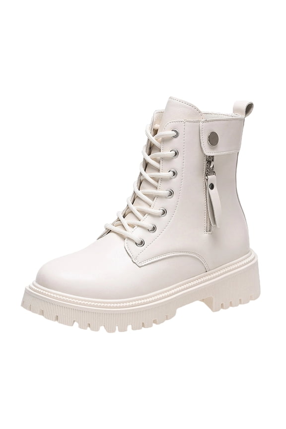 Beige Women'S Ankle Boots Chunky Heel Casual Fashion Side Zipper Lace-Up Decoration Fall Winter Short Booties Size 38