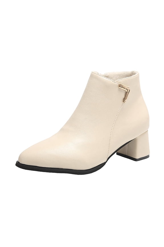 Beige Women'S British Style Ankle Boots With Pointed Toe Side Zipper Chunky Mid Heel Comfortable Boots For Everyday Use And Work Settings