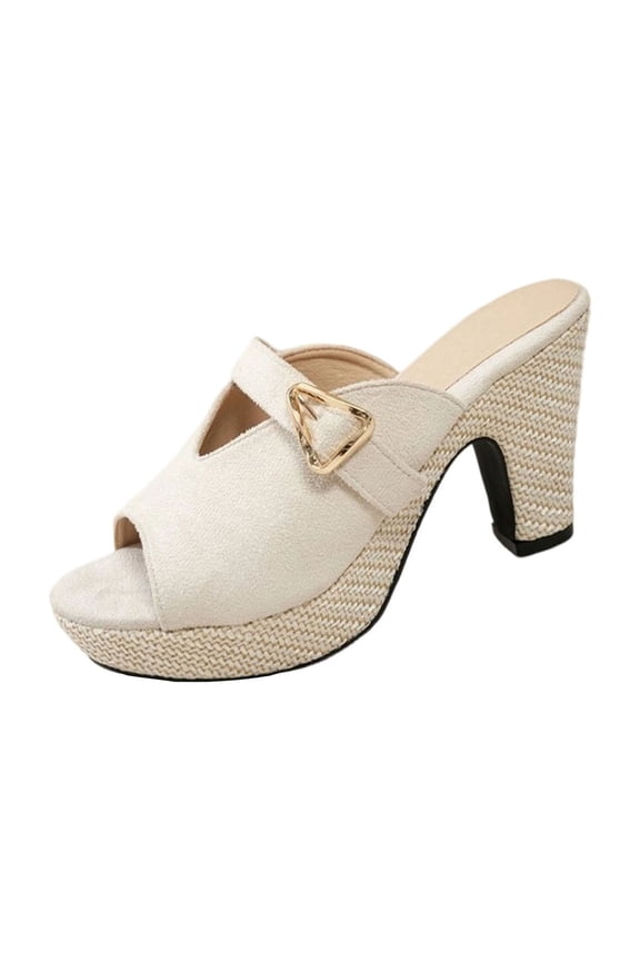 Beige Women'S Casual Heeled Sandals Open Toe Platform Block Heel High Heel Plus Size Wide Width Comfortable Round Toe Summer Footwear 1Pc Shoes Size 36 1.10 Lbs