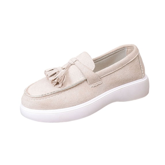Beige Women'S Casual Loafers Flat Shoes Non-Slip Comfortable Walking Shoes Solid Color Tassel Round Toe One-Foot Outdoor Indoor 0.93Lbs Size 41