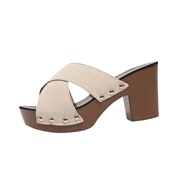 Beige Women'S Casual Open Toe High Heel Shoes, Solid Color Cross Strap Thick Heel Summer