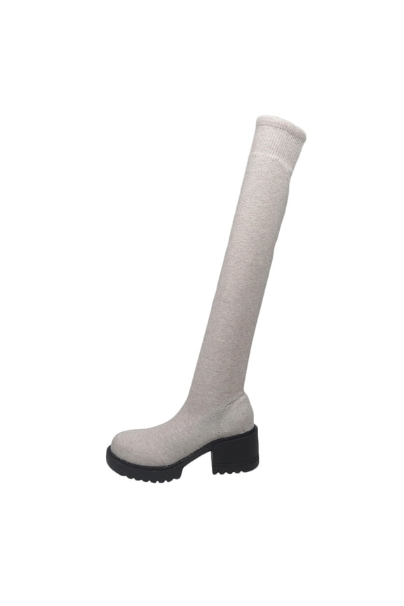 Beige Women'S Casual Winter Boots Fashion Solid Round Toe Chunky High Heel Mesh Elastic Stockings Over-The-Knee Boots Outdoor Indoor Shoes Weight 1.37 Pounds