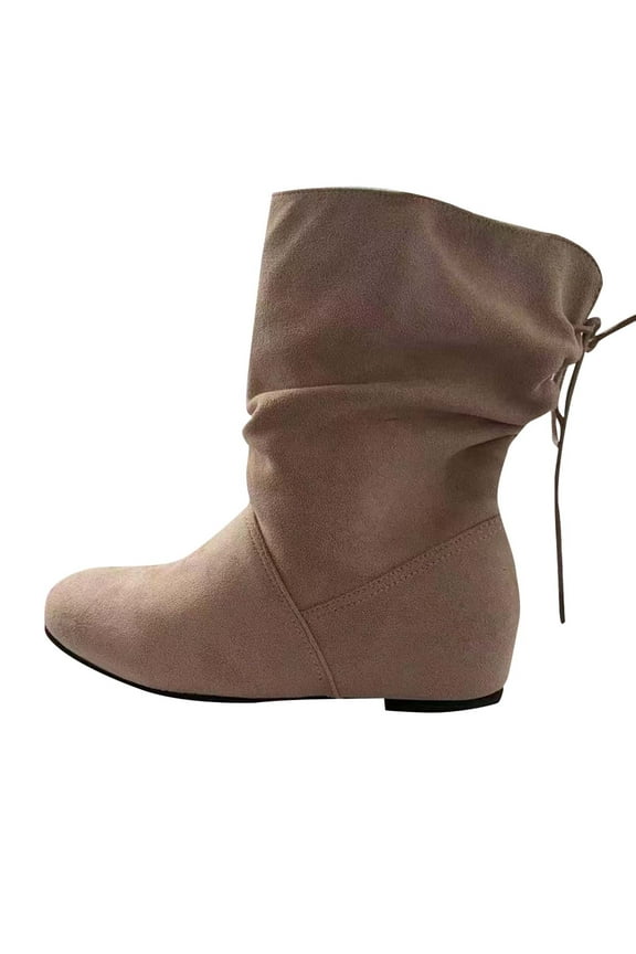 Beige Women'S Casual Wrap Strap Ankle Boots Beige Flock Material Comfort Fit Flat Heel Fall Winter Fashion Footwear
