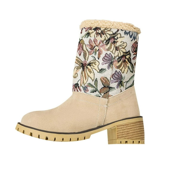 Beige Women'S Chunky Heel Ankle Boots With Flower Design Fashion Casual Fall Winter Comfortable Walking Shoes Flock Upper