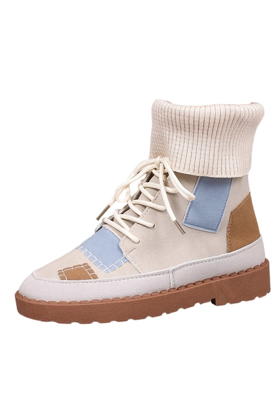 Beige Women'S Fashion Casual Winter Ankle Boots Lace Up Mid Calf Round Toe Yarn Mouth Comfortable Walking Shoes Non-Slip Outdoor Footwear