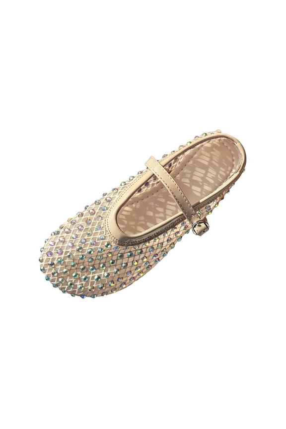 Beige Women'S Flats Closed Toe Rhinestone Embellished Cushioned Insole Lightweight Breathable Non Slip Outsole Comfortable Flexible Size 36