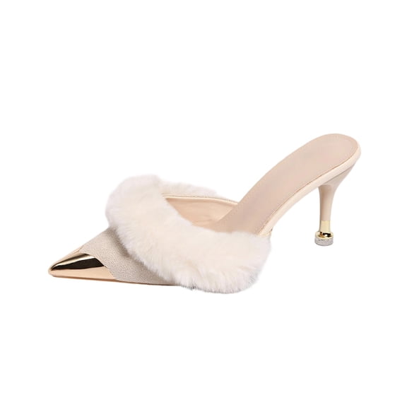 Beige Women'S High Heels Shoes Solid Color Pointed Toe Stiletto Sandals Open Toe Sandals Fur Trimmed Slippers Perfect For Everyday Wear Size 40