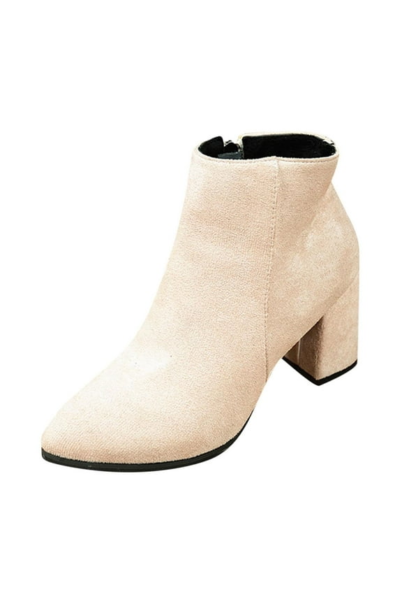 Beige Women'S Mid Heel Booties With An Elegant Pointed Toe Side Zipper Access Chunky Sole For Stable Walk