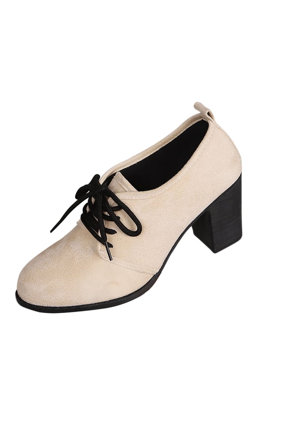 Beige Women'S Pumps Round Toe Chunky Heel Solid Color Laced Fall Winter Casual Versatile Non-Slip Comfortable Stable Daily Wear Footwear Size 36