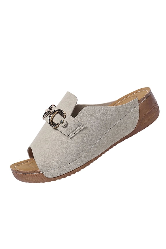 Beige Women'S Sandals One Strap Closed Toe Flat Sole Metal Buckle Casual Slip On Slide Mules Plus Size Footwear 1Pc 0.54 Lb