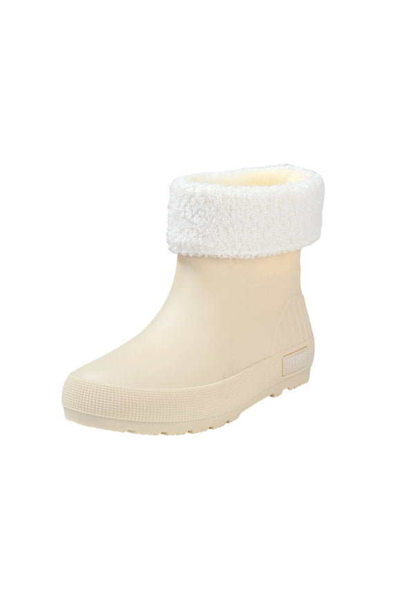 Beige Women'S Short Rain Boots Waterproof Removable Lined Warm Comfortable Height Increasing Heel Outdoor Casual Fall Winter Shoes Foot Length 22.5 Cm/8.86 Inches