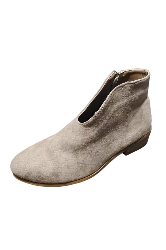 Beige Women'S Ankle Boots Suede Booties Side Zipper Round Toe V Cut Chunky Heel Casual Comfortable Fall Winter Fashion Short Boots Beige Size 39