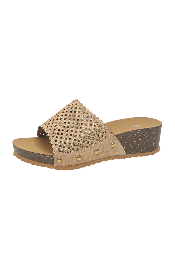 Beige Women'S Wedge Heel Sandals Open Toe Breathable Comfortable Beach Slides For Pool Vacation Outdoor Walking Lightweight Use