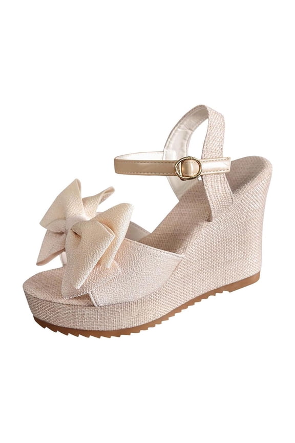 Beige Women'S Wedge Sandals Platform Beach Sandals Casual Spring Summer Bow Detail Round Toe Open Toe One-Strap Adjustable Plus Size 1 Pair Size 36 Eu 3.5 Uk 5.5 Us Foot Length 9.06 Inches