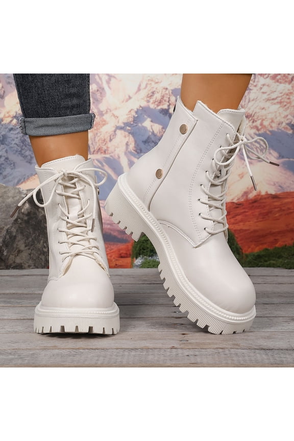 Beige Women'S Winter Boots With High Top Flat Bottomed British Style Front Lace Up And Warm Design For Outdoor Activities Comfortable And Durable