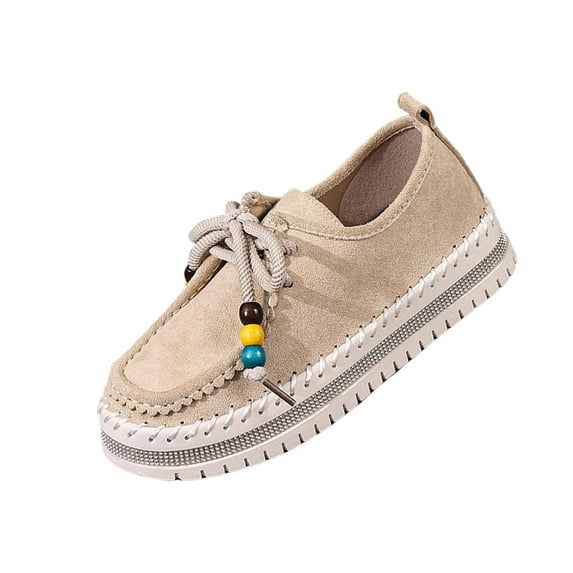 Beige Women Sandals With Beaded Detail Lace-Up Thick Sole For Comfortable Summer Fall Use