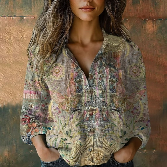 Beige Women Shirts, Women Cotton Shirt Printed Fashion Button Down Shirts Casual Tops Long Sleeve Blouse,Women Shirts 4XL