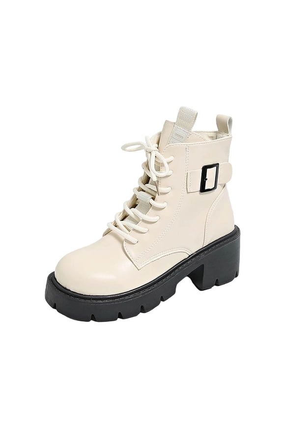 Beige Women Side Zipper Ankle Boots Round Toe Front Lace Up Chunky Heel Mid Heel Solid Color Casual Winter Style