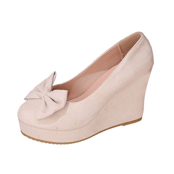 Beige Women Spring Fashion Bow Round Toe High Heel Platform Low Block Heel Solid Color Versatile