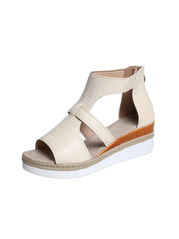 Beige Women Summer Versatile Sandals High Top Back Zip Open Toe Wedge Heel Plus Size Casual Fashionable