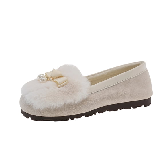 Beige Women Versatile Flats With Pearl Bow Accent Warm Design For Comfort And Easy Wear Great For Autumn Winter