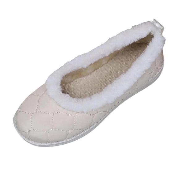 Beige Women Winter Slip On Flat Shoes With Round Toe And Cozy Furry Lining