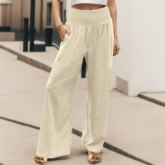 Beige Women's Casual Pants, Linen Pants Women Summer Wide Leg Pants Drawstring Elastic Waist Pants High Waisted Pants Casual Beach Trousers,Women's Casual Pants S