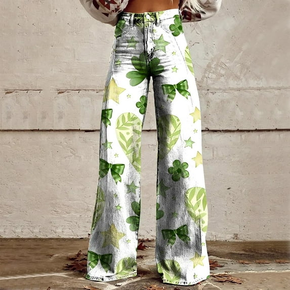 Beige Women's Casual Pants, Wide Leg Pants Woman High Waist Floral Patterned Pants Lightweight Loose Fit Casual Colorful Trouser Imitation Jeans,Women's Casual Pants L