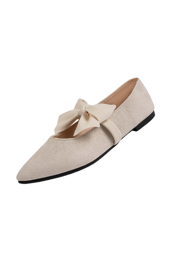 Beige Women's Loafers with Bow Solid Color Pointed Toe Flat Pumps with Puff Details Suede Indoor Outdoor Shoes for Adults 6.5
